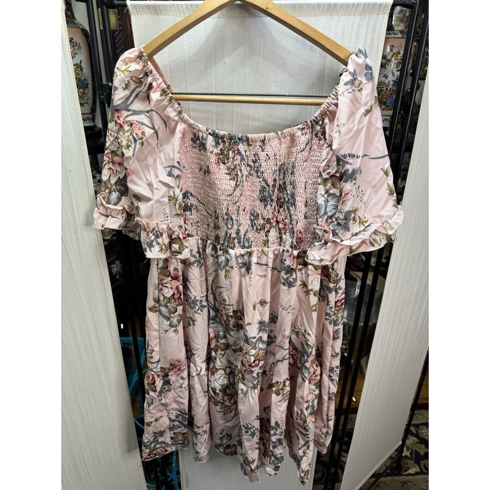 Pink Floral Cottagecore Midi Dress Smocked Bodice Puff Sleeve Tiered Romantic - Picture 8 of 8